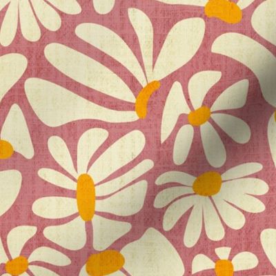 Retro Whimsy Daisy- Flower Power on Pink Clay- Eggshell Floral- Warm Neutrals- Regular Scale