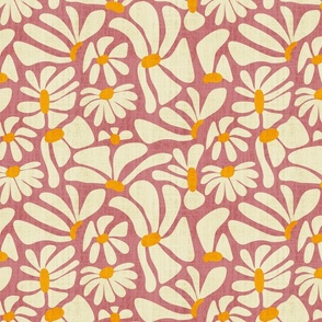Retro Whimsy Daisy- Flower Power on Pink Clay- Eggshell Floral- Warm Neutrals- Regular Scale
