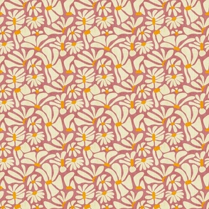 Retro Whimsy Daisy- Flower Power on Pink Clay- Eggshell Floral- Warm Neutrals- Small Scale