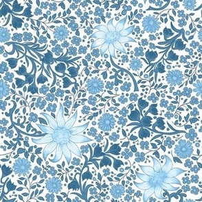 Liberty style Australian floral fabric in French blue on natural white