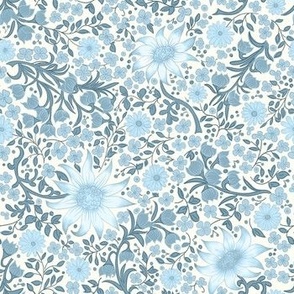 Liberty style Australian floral fabric in light blue hues on natural white