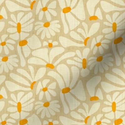 Retro Whimsy Daisy- Flower Power on Beige- Eggshell Floral- Warm Neutrals- Small Scale