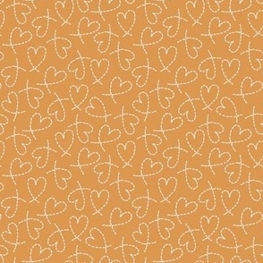 504 - Small scale boho romance with warm neutral pumpkin spice and off white tossed random non directional  dashed line love hearts for valentines, weddings, kids/children apparel, nursery wallpaper, cot sheets, duvet covers, table linen