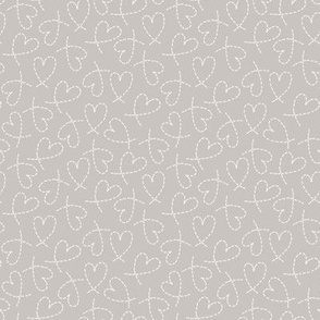 504 - Small scale boho romance with cool neutral dove grey and soft white tossed random non directional  dashed line love hearts for valentines, weddings, kids/children apparel, nursery wallpaper, cot sheets, duvet covers, table linen
