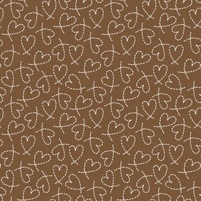 504 - Small scale boho romance with neutral warm dark chocolate brown and off white tossed random non directional  dashed line love hearts for valentines, weddings, kids/children apparel, nursery wallpaper, cot sheets, duvet covers, table linen