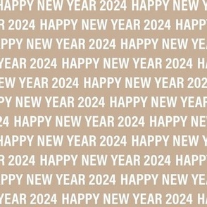 Happy new year 2024 text design basic typography design white on sand beige