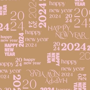 Happy New Year basic classic typography design 2024 text pattern pink on caramel cinnamon spice