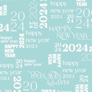 Happy New Year basic classic typography design 2024 text pattern white on turquoise