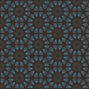 Geometric baby blue abstract flowers on a dark charcoal grey background
