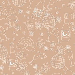 Champagne party and disco ball magic rainbows and blossom happy new year celebration minimalist freehand drawing white on caramel beige
