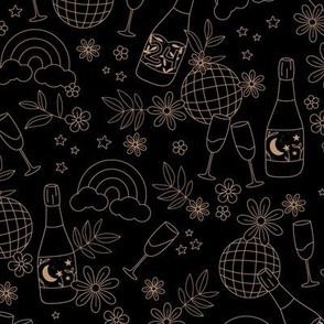Champagne party and disco ball magic rainbows and blossom happy new year celebration minimalist freehand drawing caramel golden on black