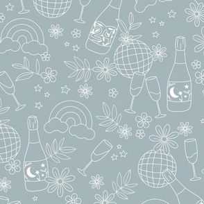 Champagne party and disco ball magic rainbows and blossom happy new year celebration minimalist freehand drawing white on cool blue