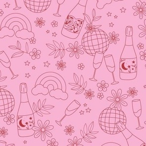 Champagne party and disco ball magic rainbows and blossom happy new year celebration minimalist freehand drawing ruby red on pink