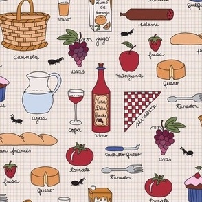 505 $ - Small scale multicolour picnic in the country - with wine, cheese, juice, apple ,strawberry, napkins, tomato, baguette, water and friendly ants with Spanish words on a checkered background - for kitchen linens, wallpaper, aprons, tablecloths, patc