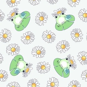 Cute frogs and daisies on white 