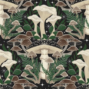 Moody Moonlit Mushroom Damask - fern green 