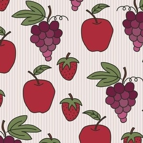 508 - Large scale grapes, apples and strawberries in deep reds, purples and green, with a pin stripe background - garden harvest, autumn bounty, kids apparel, table linen, hand drawn food feast