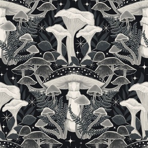 Moody Moonlit Mushroom Damask - monochrome mushrooms