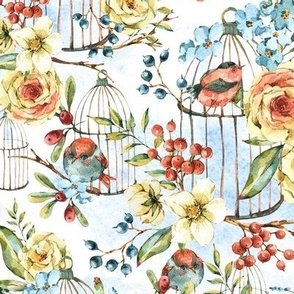 Watercolor floral bird and cage