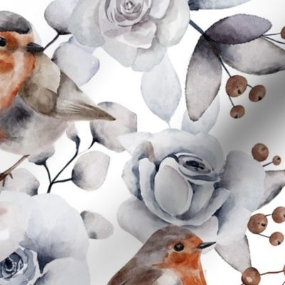 12" Snowy grey Nursery winter roses leaves and branches with magical watercolor animals like birds on white