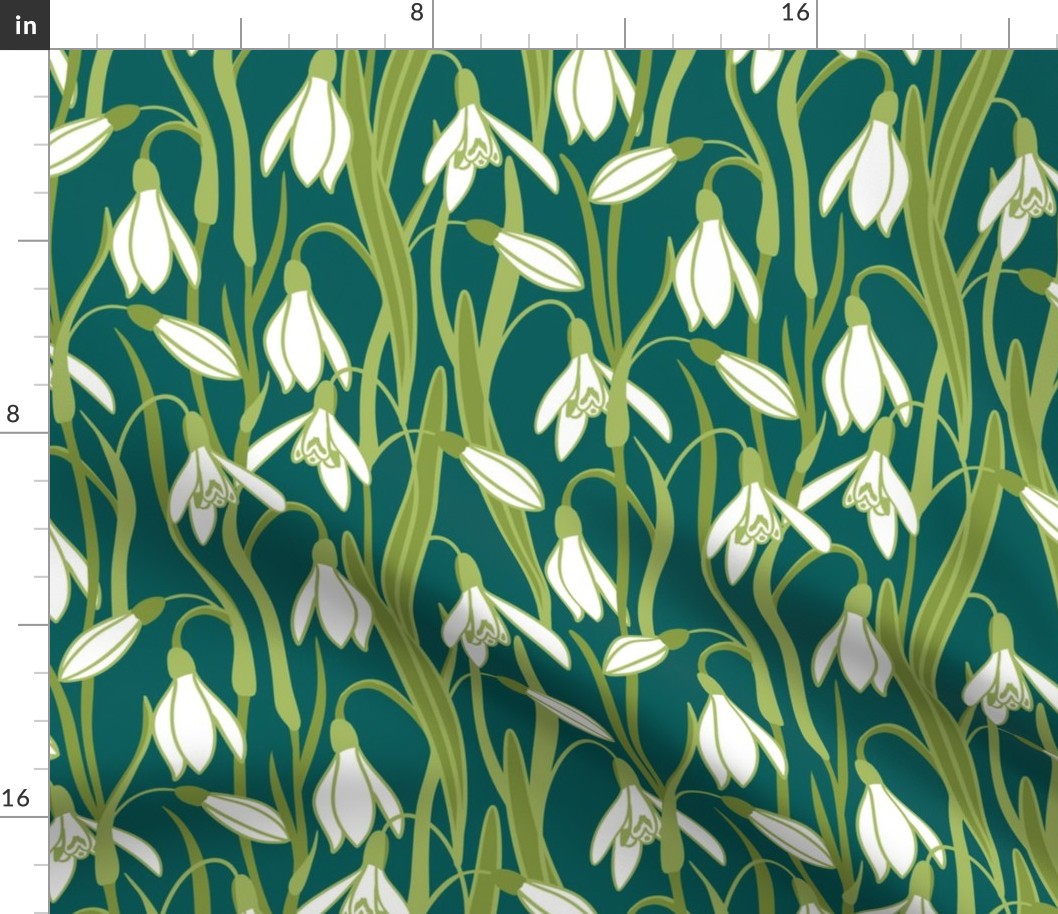 Forest Snowdrop Flowers on Emerald Background