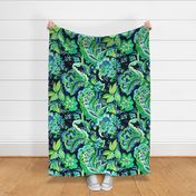 Preppy blue, green and black pattern  with flowers 