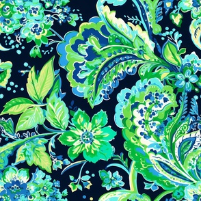 Preppy blue, green and black pattern  with flowers 