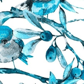 Blue Watercolor Birds and Berries