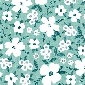 Hanna Floral, Green and White (Medium) - flowers, leaves and branches