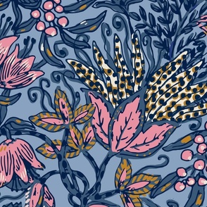 Whimsical jacobean floral print pink/ blue (jumbo) 