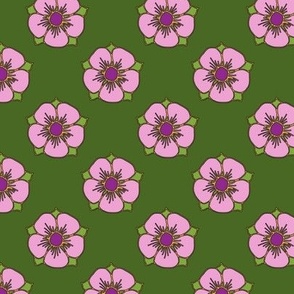 Whimsical Pink 5 Petal Flower with Purple Center on Green at 3 Inch Repeat