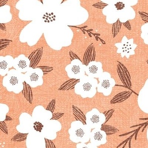 Hanna Floral, Peach and White (Xlarge) - flowers, leaves and branches