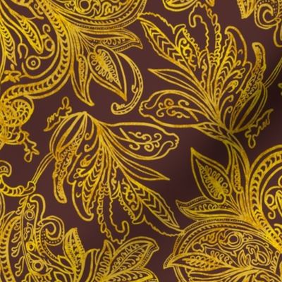 Perfect harmony vintage handdrawn golden ombre damask on deep magenta brown 18” repeat