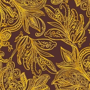Perfect harmony vintage handdrawn golden ombre damask on deep magenta brown 18” repeat