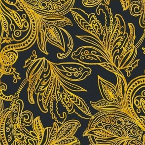 Perfect harmony vintage handdrawn golden ombre damask on blue black 18” repeat