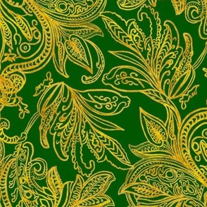 Perfect harmony vintage handdrawn golden ombre damask on emerald green 18” repeat