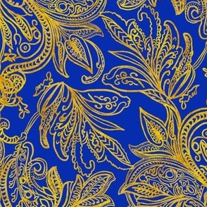 Perfect harmony vintage handdrawn golden ombre damask on beautiful blue 18” repeat