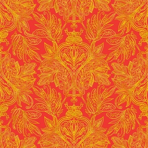 Perfect harmony vintage handdrawn golden ombre damask on bright scarlet 18” repeat