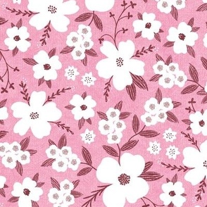 Hanna Floral, Pink and White (Medium) - flowers, leaves and branches