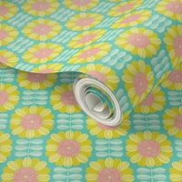 Retro Sunflower Pattern barkcloth texture turquoise S wallpaper scale by Pippa Shaw