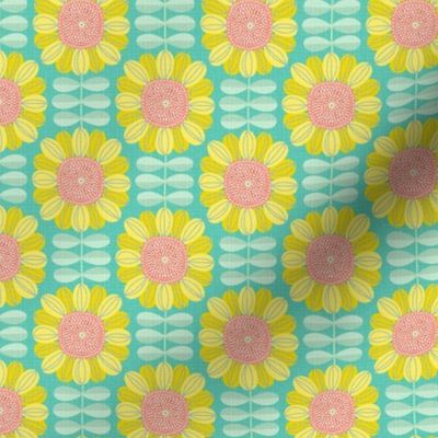 Retro Sunflower Pattern barkcloth texture turquoise S wallpaper scale by Pippa Shaw