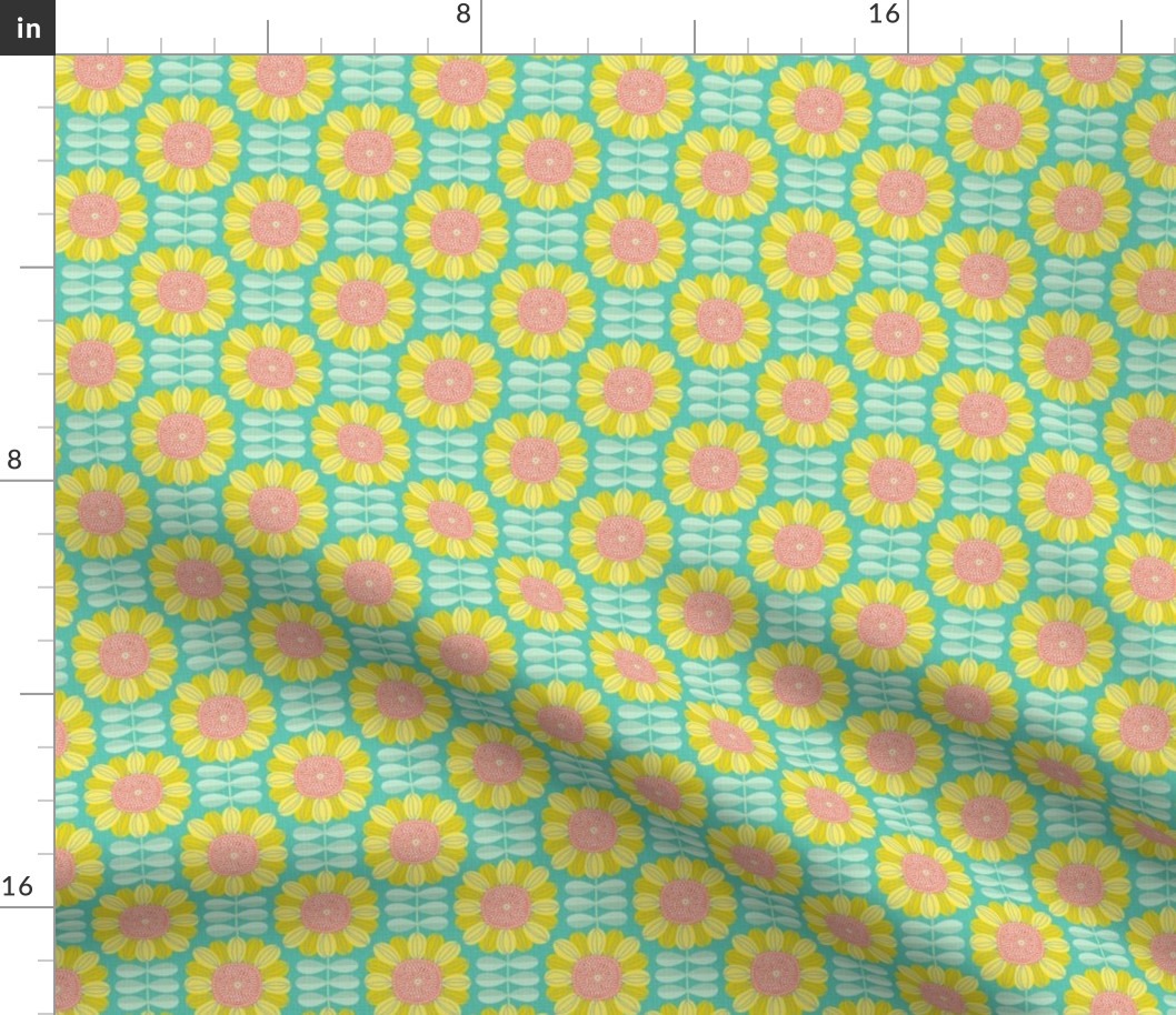 Retro Sunflower Pattern barkcloth texture turquoise S wallpaper scale by Pippa Shaw