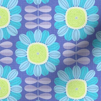 Retro Sunflower Pattern barkcloth texture blue purple M scale by Pippa Shaw