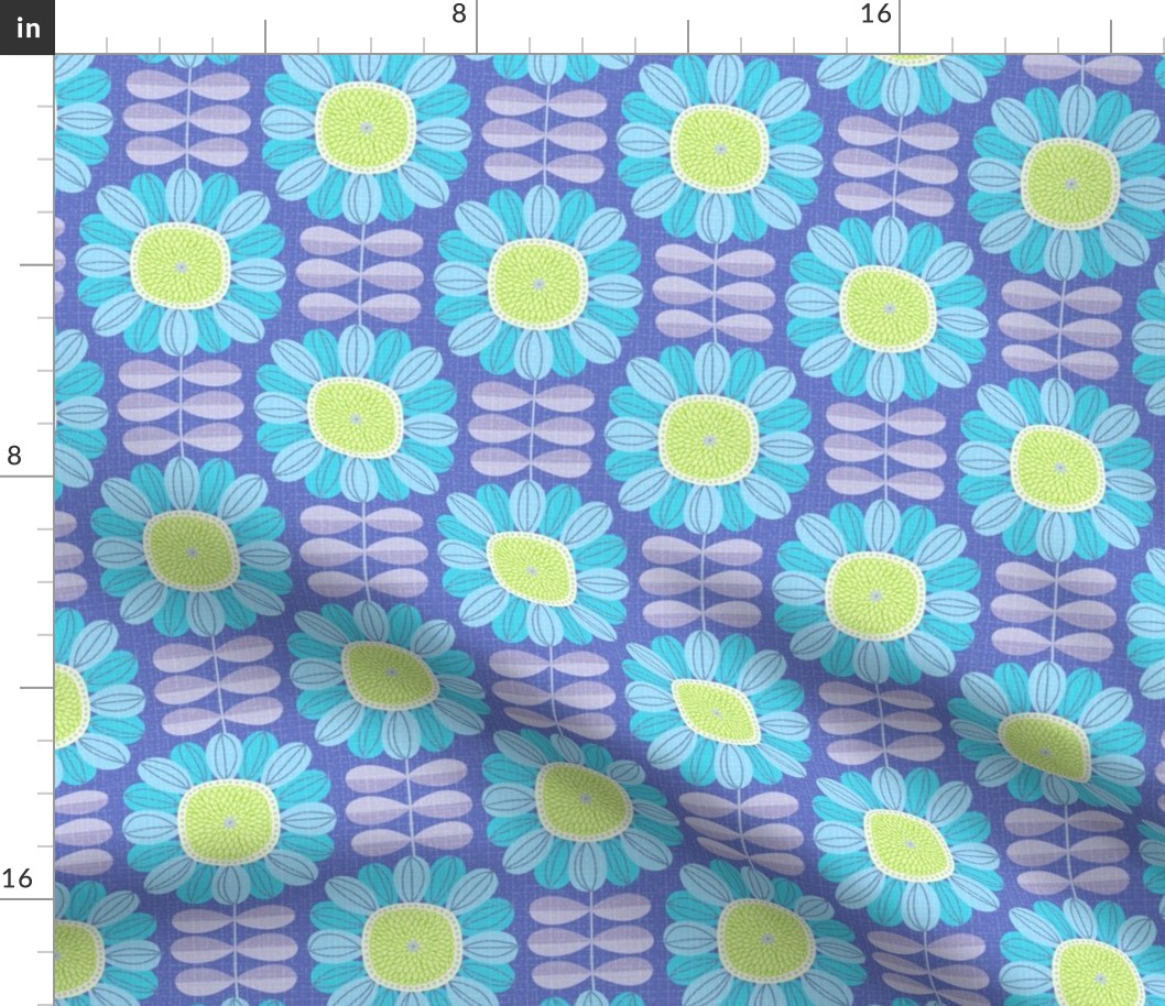 Retro Sunflower Pattern barkcloth texture blue purple M scale by Pippa Shaw