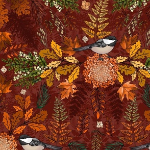 Chickadees in AutumnTrees (Cinnamon Red large scale)