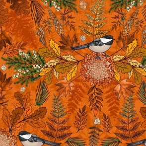 Chickadees in AutumnTrees (Burnt Orange large scale)