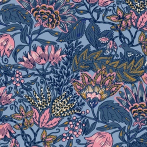 Whimsical jacobean floral print pink/ blue (large)