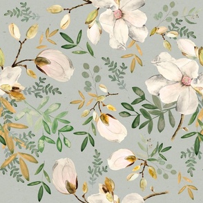 Large Eucalyptus and Magnolia Flowers on Green / Watercolor