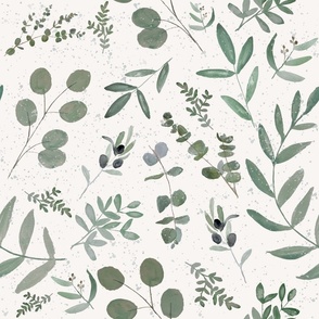 Vintage Green Eucalyptus on Cream / Watercolor