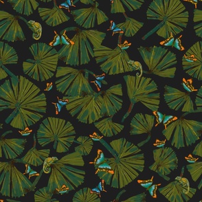 BIG Lush Jungle Leaves with Butterflies and Chameleons Dark Nature Coordinate 1 - 24in